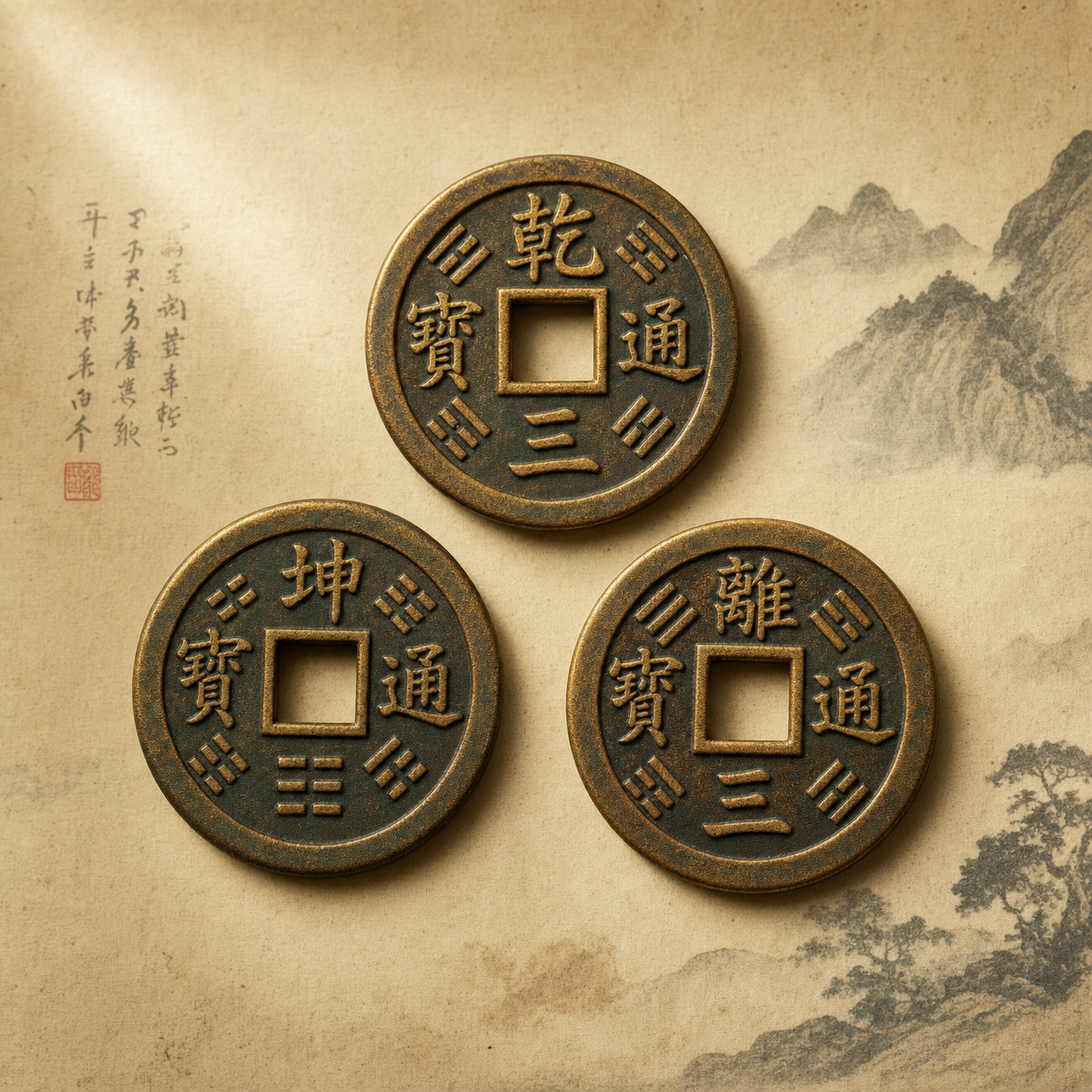Traditional Chinese coins used in I Ching divination