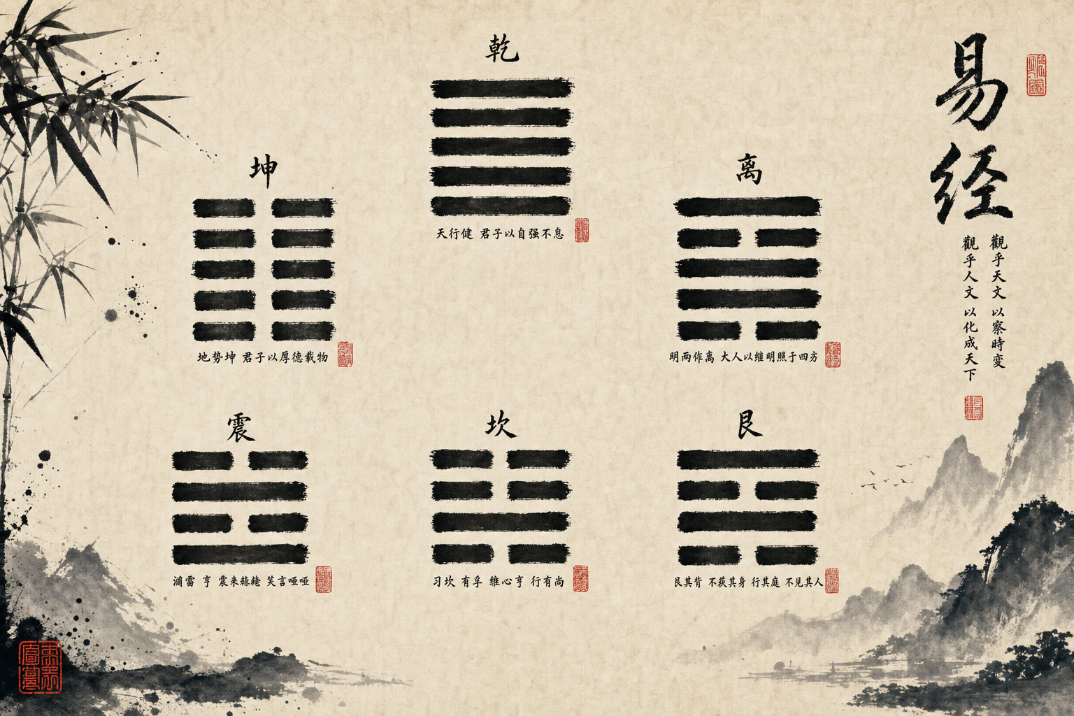 Traditional Chinese I Ching hexagram calligraphy art showing the eight trigrams
